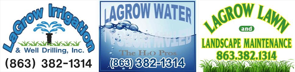 On the left, we have a LaGrow Irrigation Logo and drilling incorperatied logo, along with a number that reads (863) 382-1314 in the center is pictured a LaGrow Water logo, with a telephone number that reads: (863) 382-1314, and finally on the right we have pictured a LaGrow Lawn and Landscape Maintenance with a number that reads (863) 382-1314